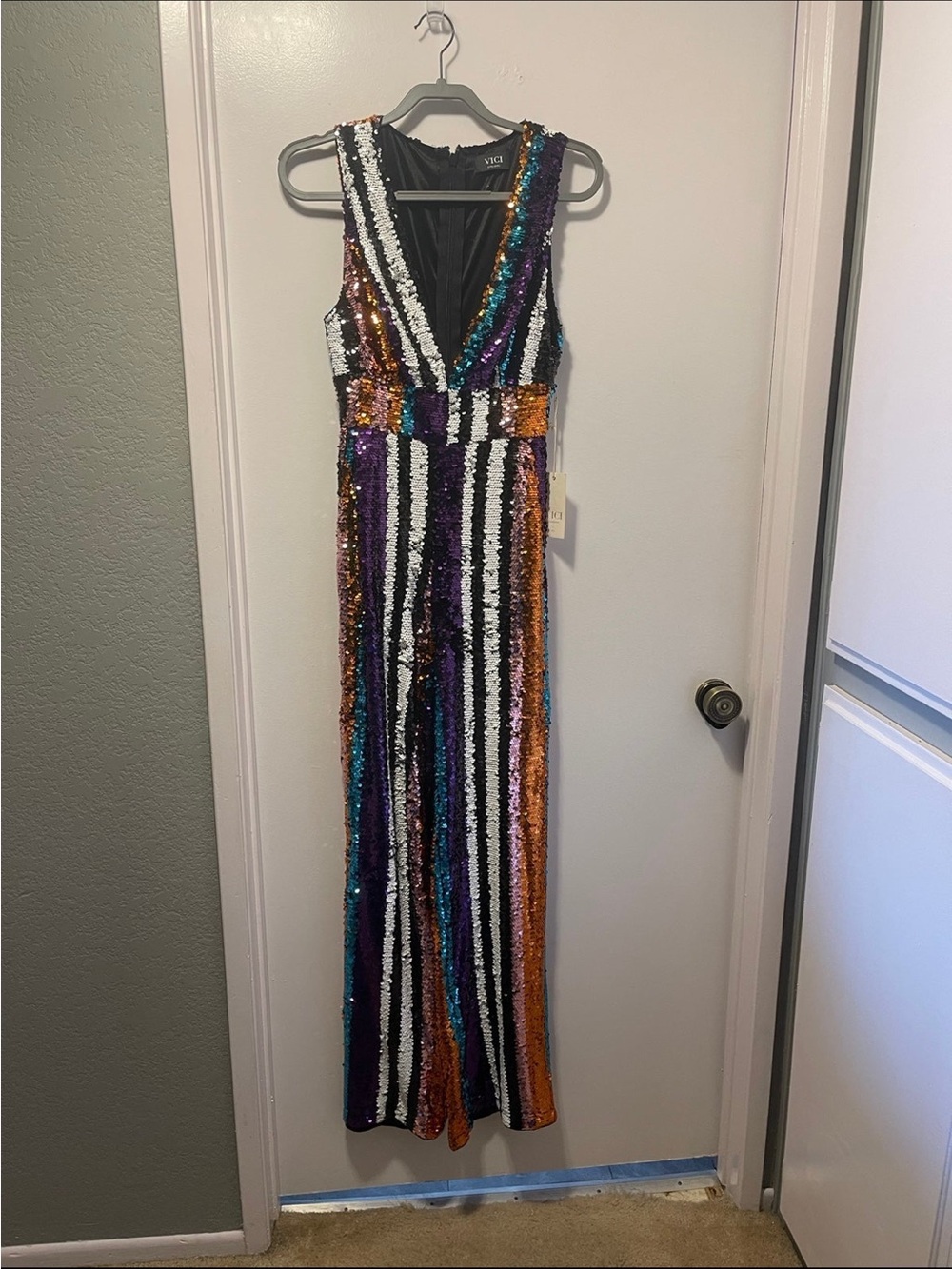 NWT Women's sequin striped jumpsuit, VICI Collection, XS
